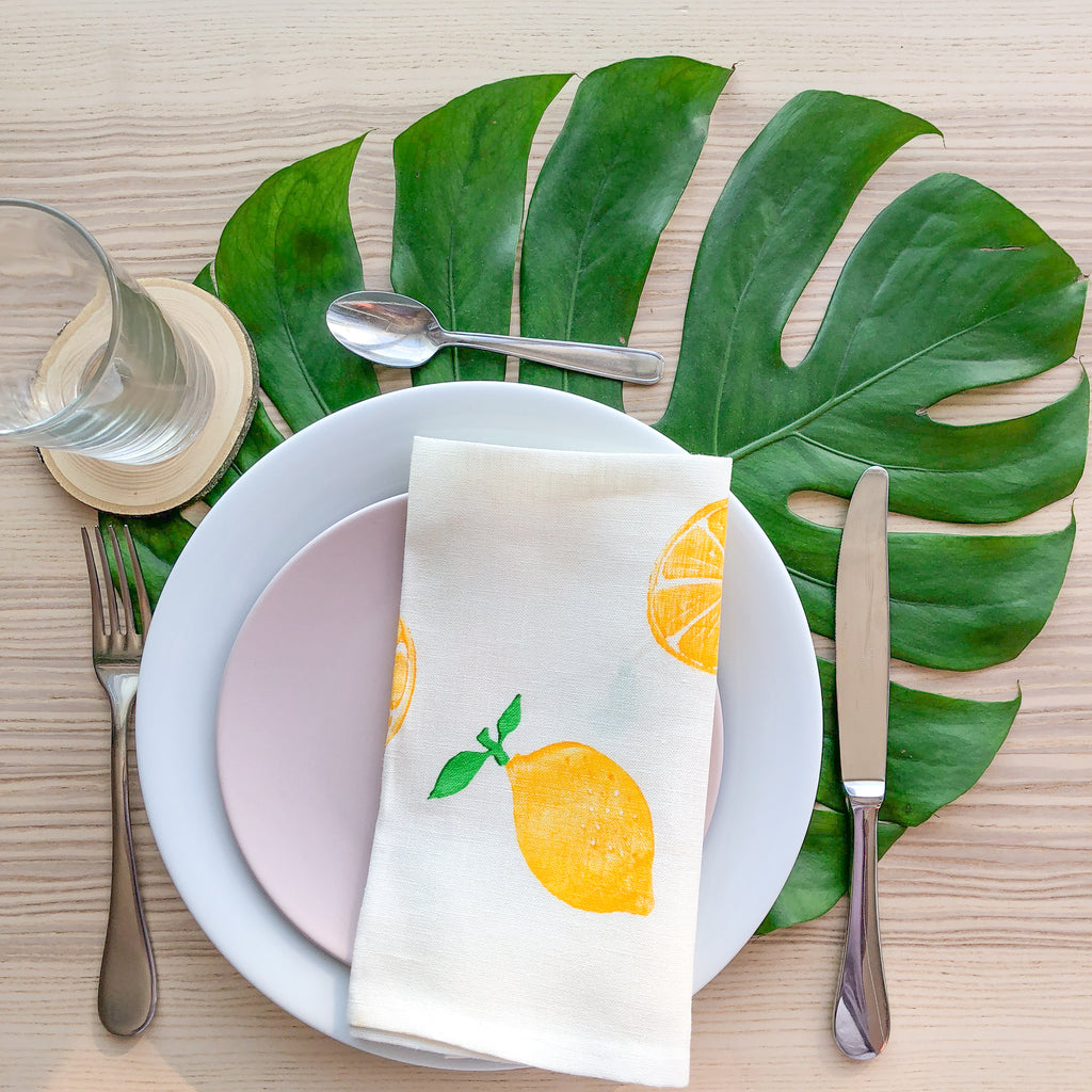 4 serviettes de table en lin - Imprimées de citrons - Kraftille