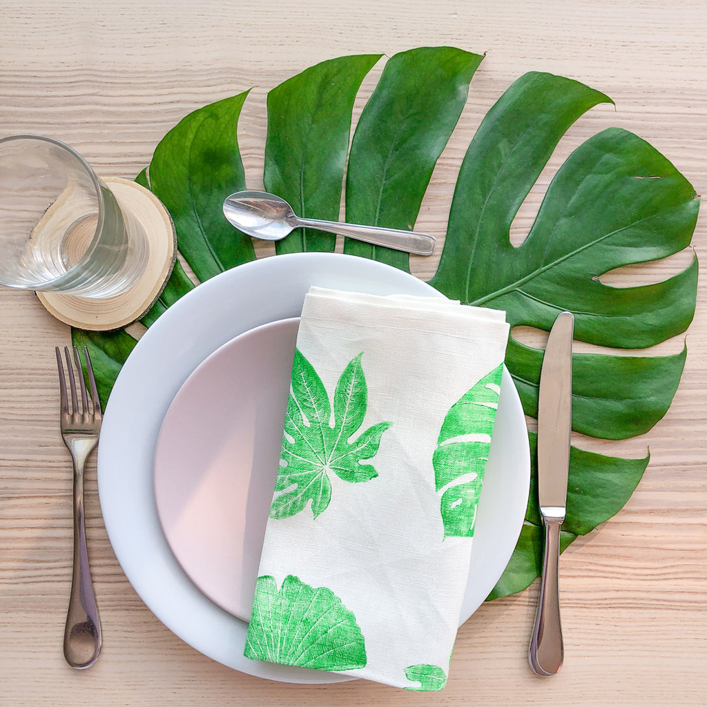 4 serviettes de table en lin - Imprimées de feuilles tropicales - Kraftille
