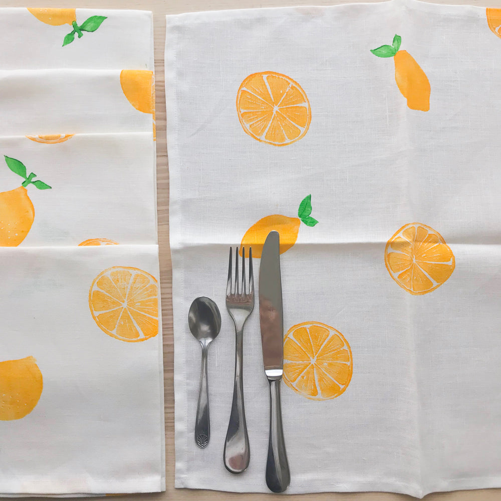 4 serviettes de table en lin - Imprimées de citrons - Kraftille