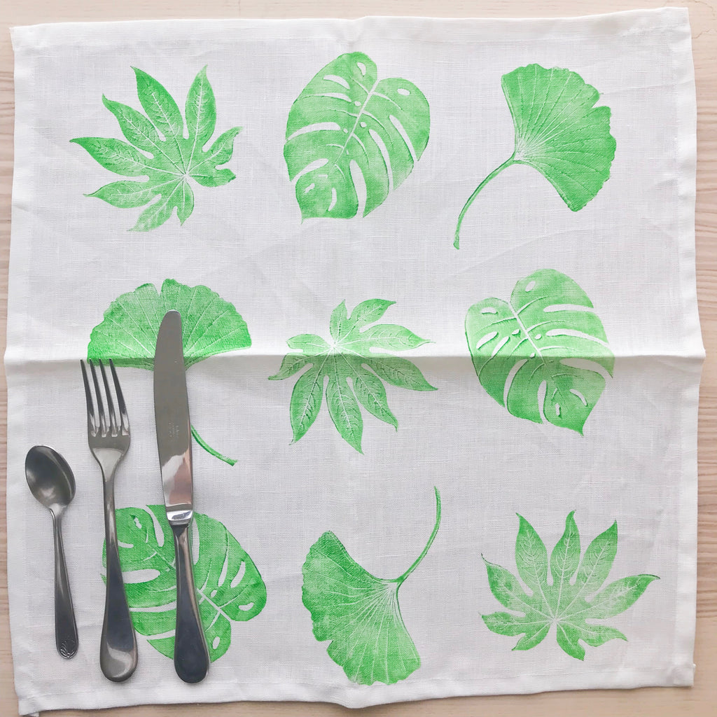 4 serviettes de table en lin - Imprimées de feuilles tropicales - Kraftille