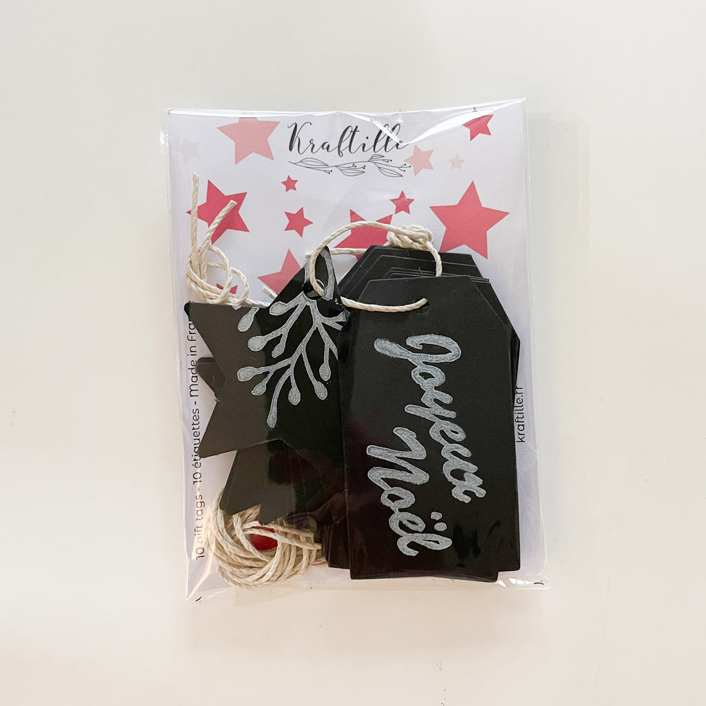 Étiquettes noires Joyeux Noël + étiquettes étoiles motif baies - Kraftille